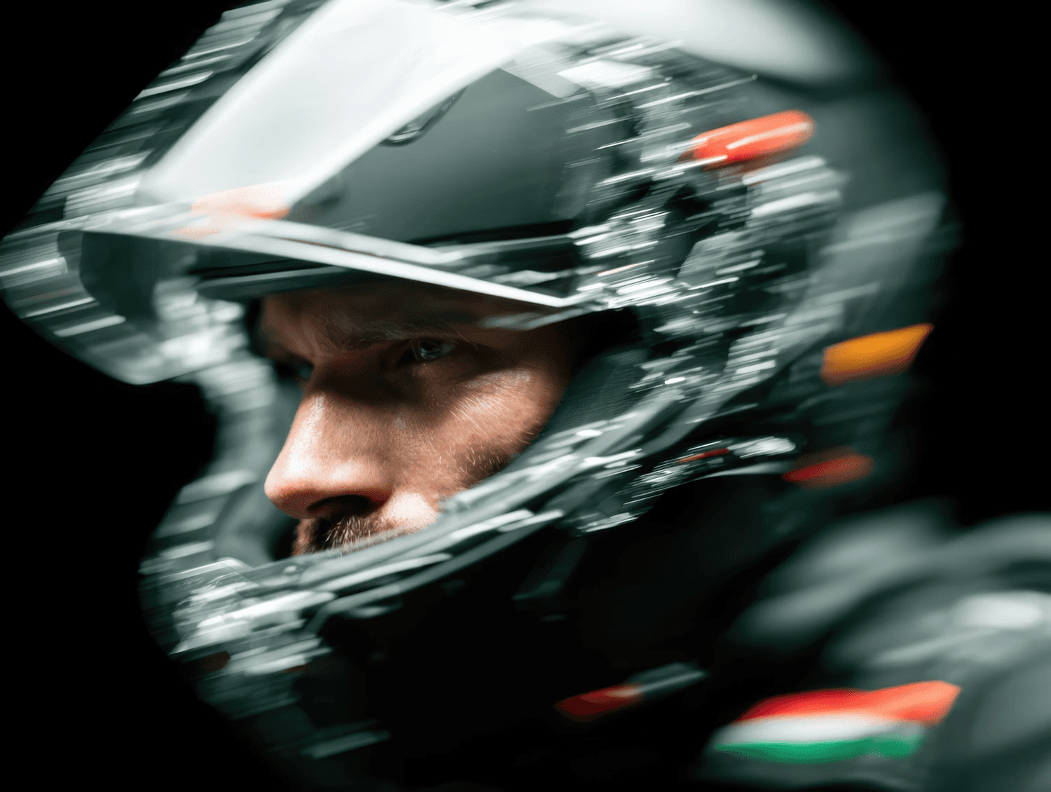 Close-up of a person in a black motorcycle 